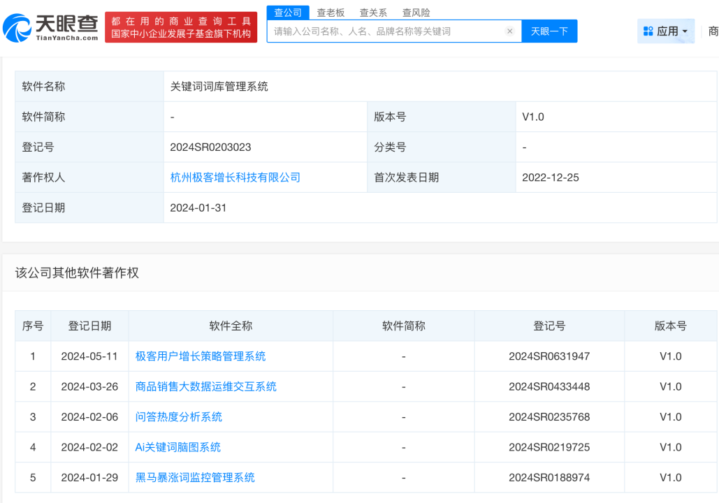杭州极客增长科技有限公司软件著作权登记信息